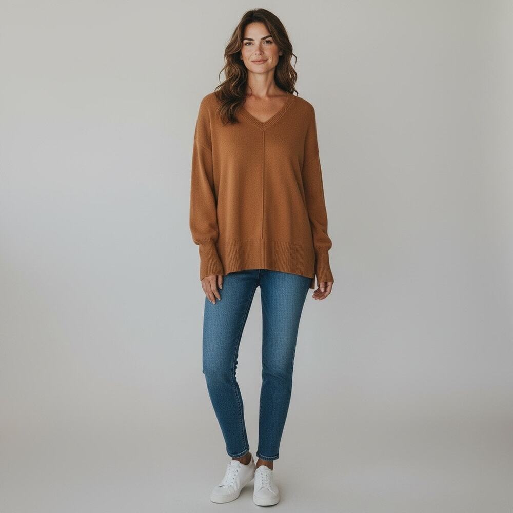 Tahari Cozy V-Neck High-Low Knit Sweater Camel Brown Pullover Sweater- XS